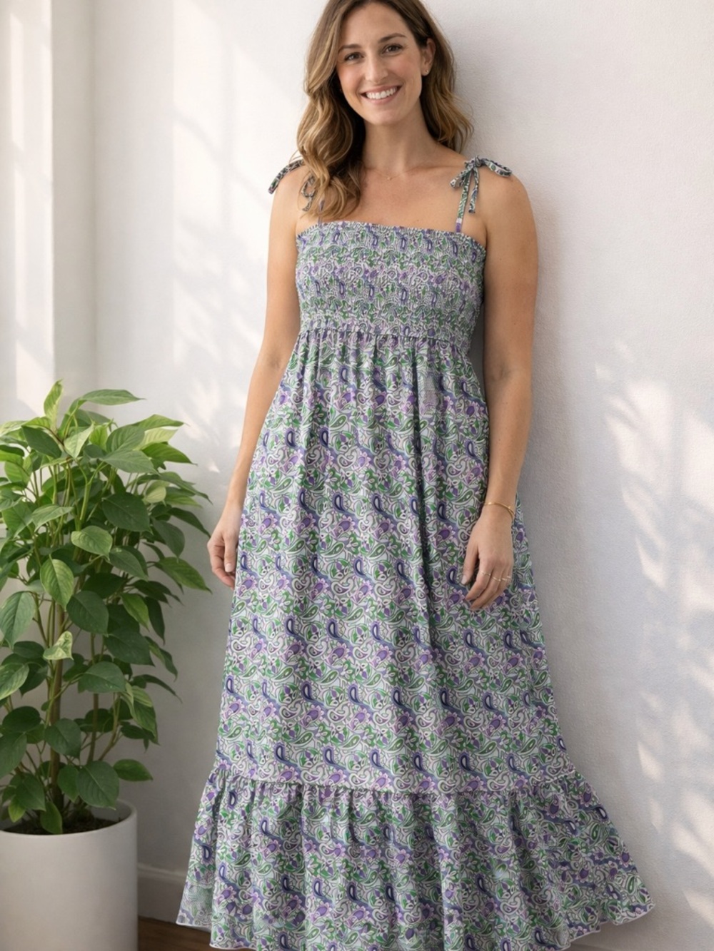 Boho Floral Smocked Maxi Dress Flowy Tiered Cottagecore Summer Sundress